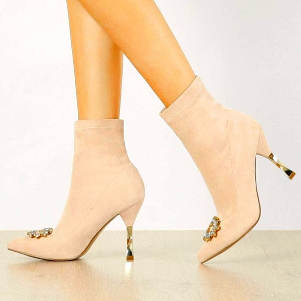 New Size 6.5 Beige Allegra K Rhinestone Slip-On Pointed Toe Ankle Booties